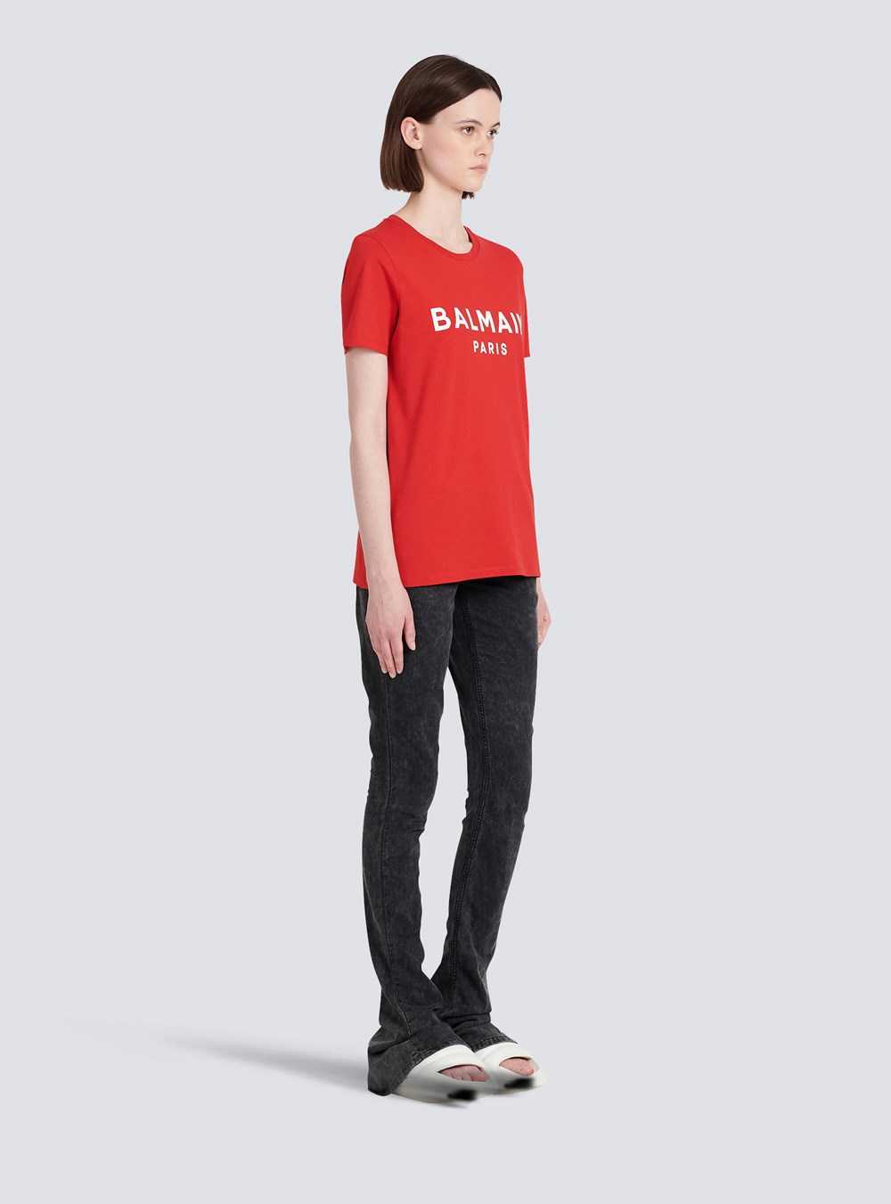 Balmain Eco-designed Cotton T-shirt With Balmain Logo Print Red | HJIXPWZ-30