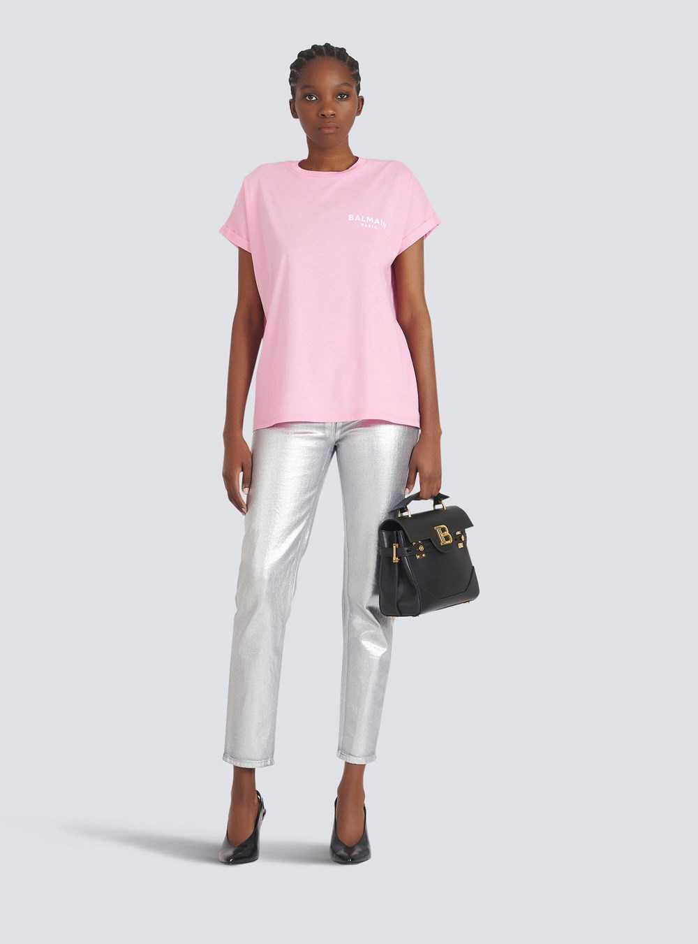 Balmain Eco-designed Cotton T-shirt With Small Flocked Balmain Logo Pink | LCBDIOV-25