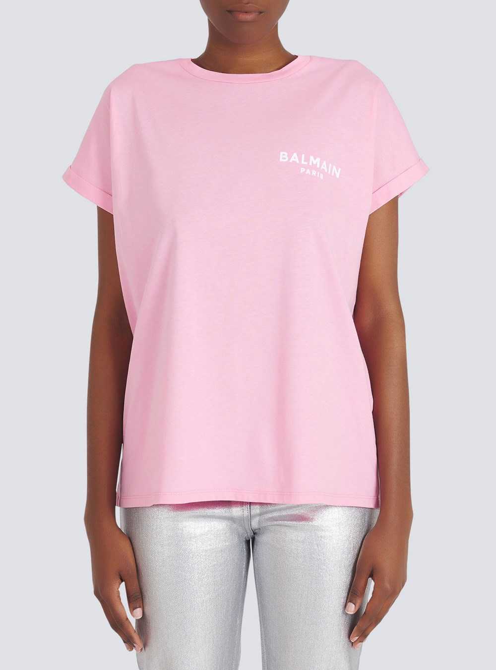 Balmain Eco-designed Cotton T-shirt With Small Flocked Balmain Logo Pink | LCBDIOV-25