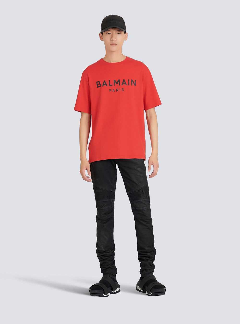 Balmain Eco-designed Cotton T-shirt With Balmain Paris Logo Print Red | MEHRWFA-51