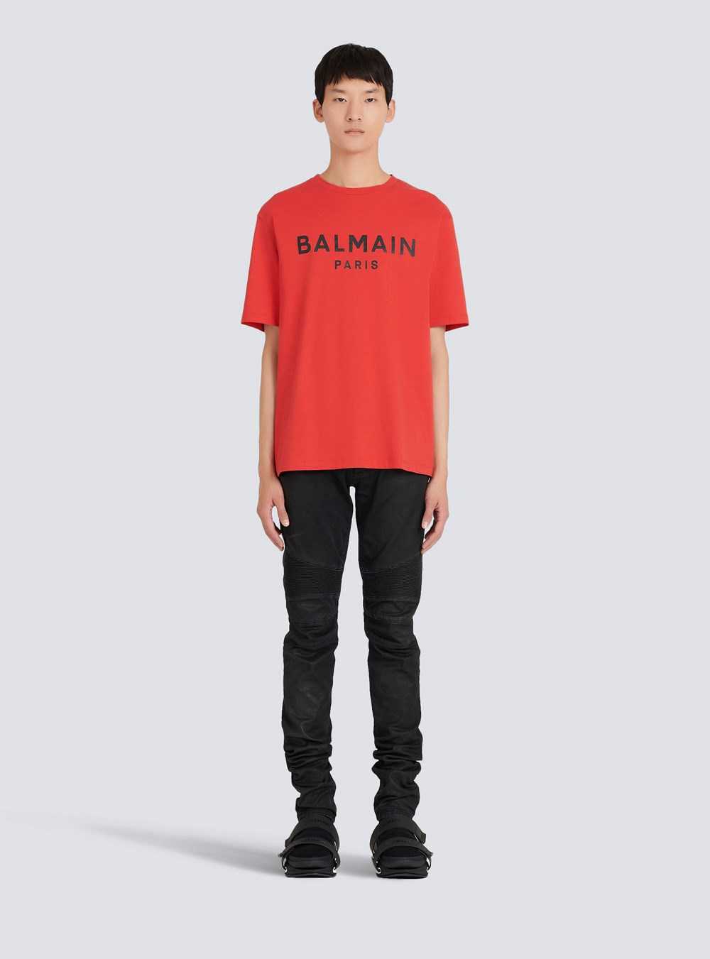 Balmain Eco-designed Cotton T-shirt With Balmain Paris Logo Print Red | MEHRWFA-51