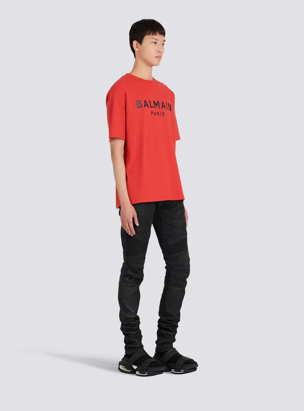 Balmain Eco-designed Cotton T-shirt With Balmain Paris Logo Print Red | MEHRWFA-51