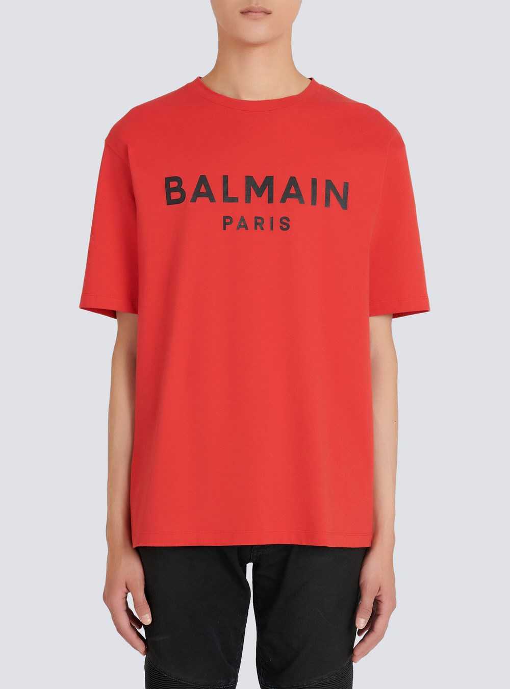 Balmain Eco-designed Cotton T-shirt With Balmain Paris Logo Print Red | MEHRWFA-51