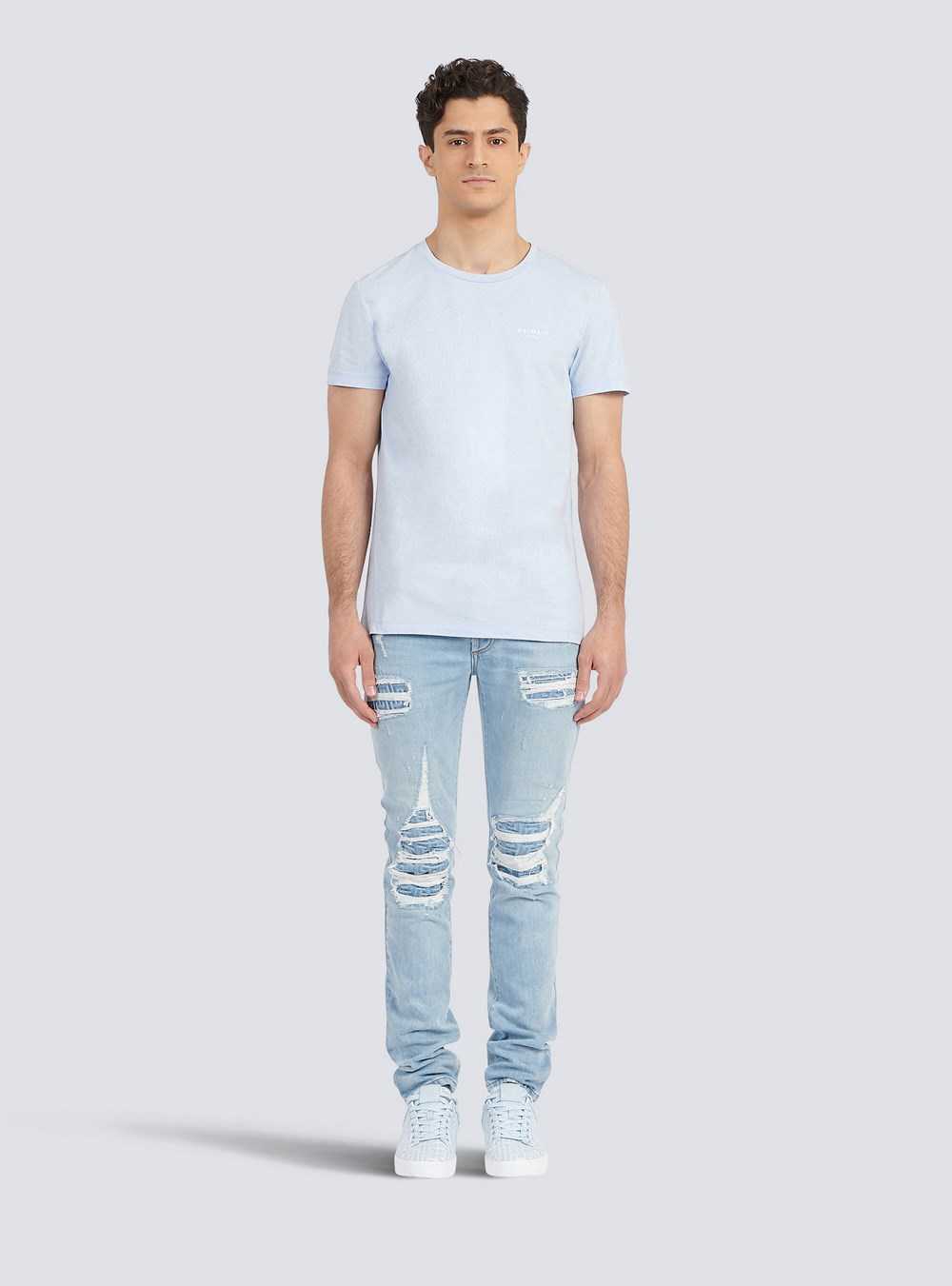 Balmain Eco-designed Cotton T-shirt With Small Flocked Balmain Paris Logo Blue | MRCYKFH-01