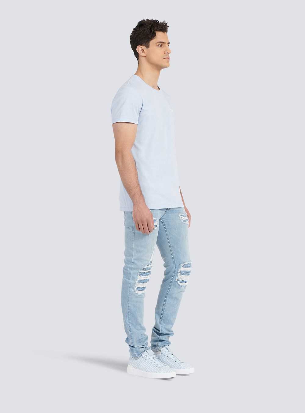 Balmain Eco-designed Cotton T-shirt With Small Flocked Balmain Paris Logo Blue | MRCYKFH-01