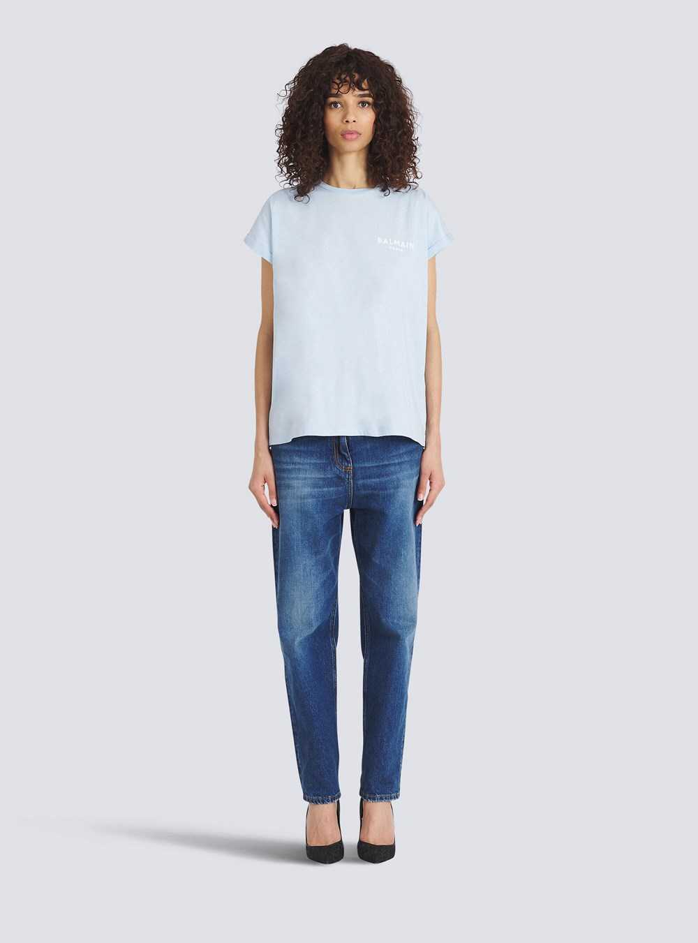 Balmain Eco-designed Cotton T-shirt With Small Flocked Balmain Logo Blue | UABXLHT-63