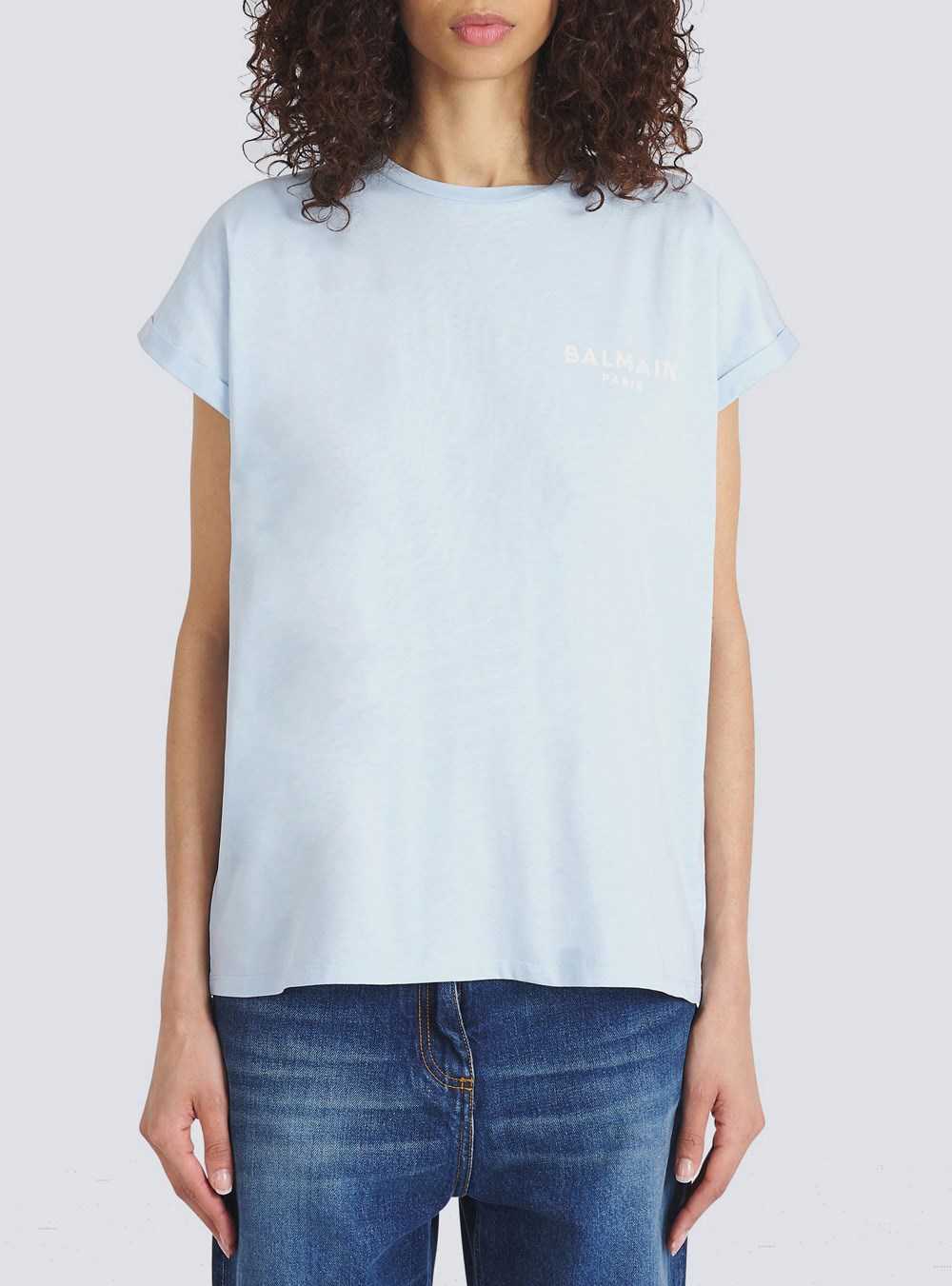 Balmain Eco-designed Cotton T-shirt With Small Flocked Balmain Logo Blue | UABXLHT-63