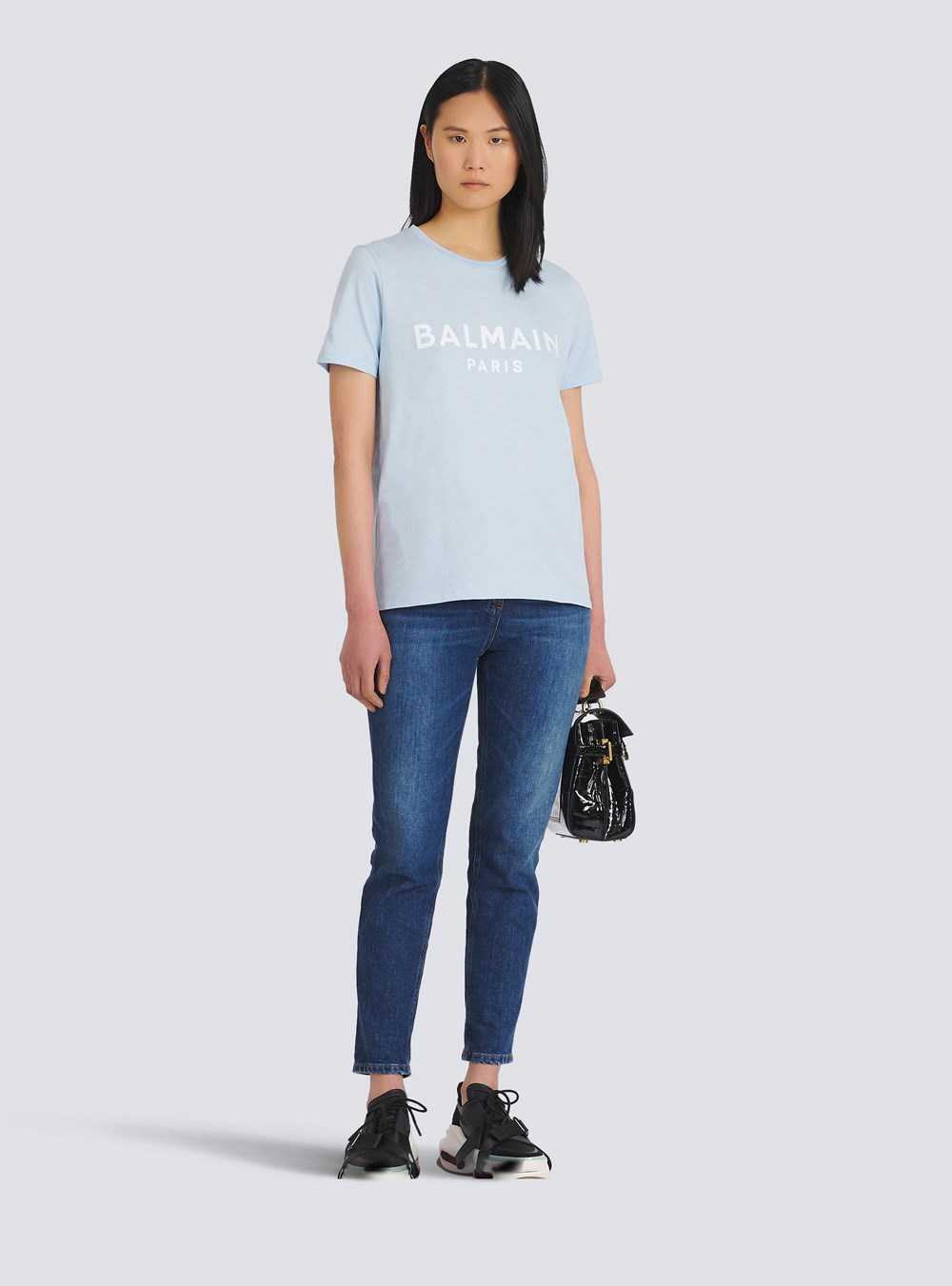 Balmain Eco-designed Cotton T-shirt With Flocked Balmain Logo Blue | VGLUIAE-56