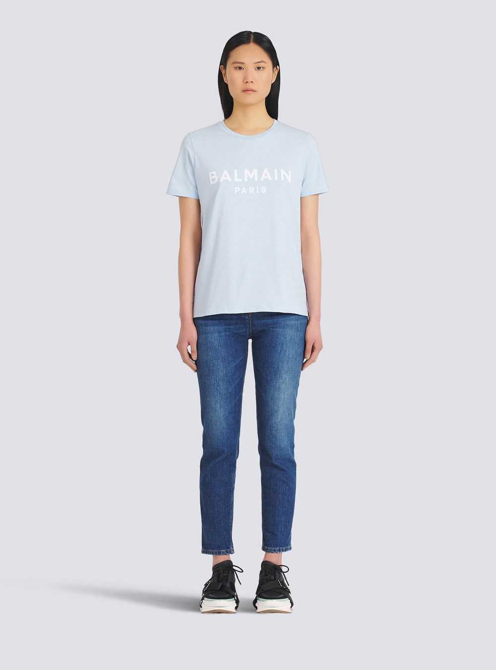 Balmain Eco-designed Cotton T-shirt With Flocked Balmain Logo Blue | VGLUIAE-56