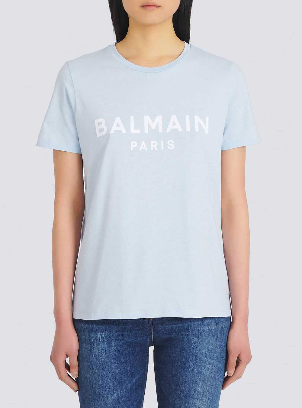 Balmain Eco-designed Cotton T-shirt With Flocked Balmain Logo Blue | VGLUIAE-56