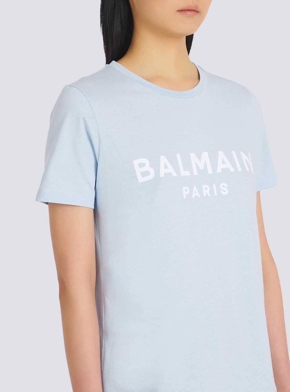 Balmain Eco-designed Cotton T-shirt With Flocked Balmain Logo Blue | VGLUIAE-56