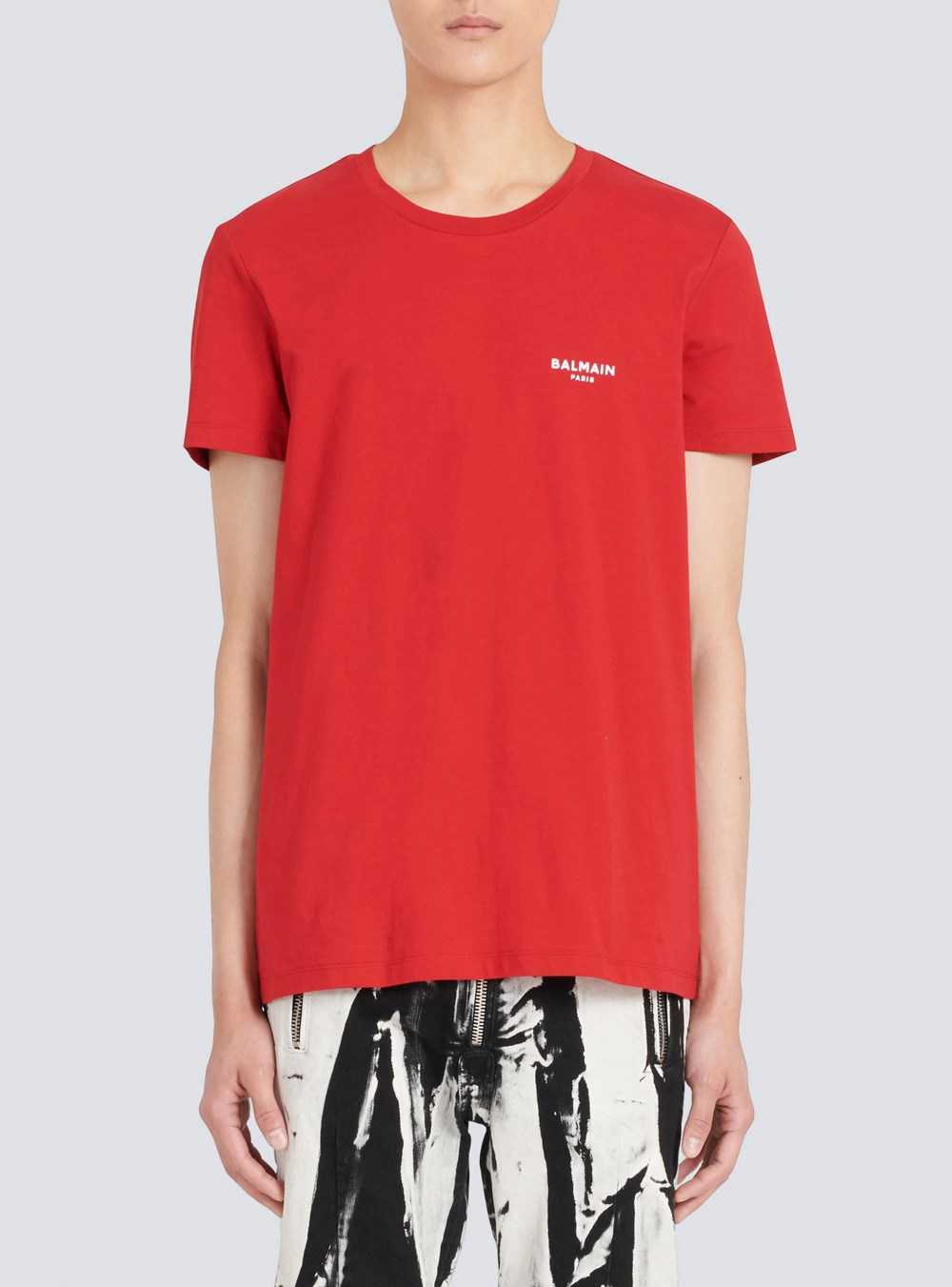 Balmain Eco-designed Cotton T-shirt With Small Flocked Balmain Paris Logo Red | XIRSHZU-94