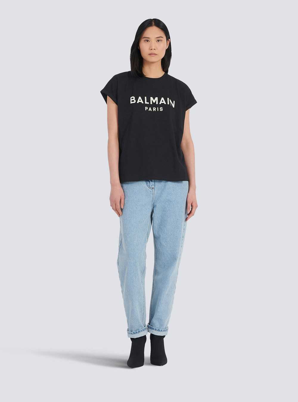 Balmain Eco-designed Cotton T-shirt With Balmain Logo Print Black | YBPTCFV-30