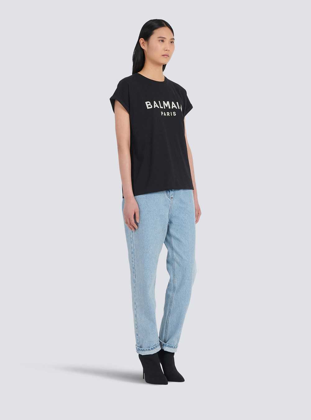 Balmain Eco-designed Cotton T-shirt With Balmain Logo Print Black | YBPTCFV-30