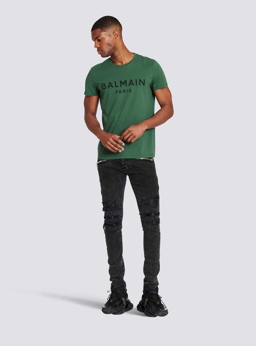 Balmain Eco-designed Cotton T-shirt With Balmain Paris Logo Print Green | ZLGVWRB-61