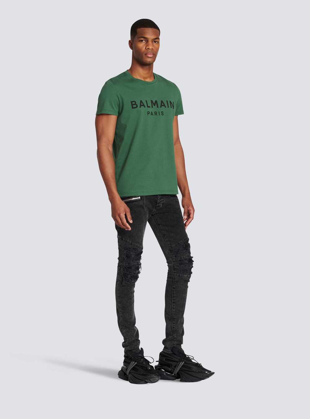 Balmain Eco-designed Cotton T-shirt With Balmain Paris Logo Print Green | ZLGVWRB-61