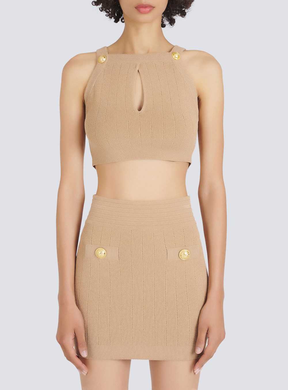 Balmain Eco-designed Knit Crop Top Beige | FTNHCXQ-31