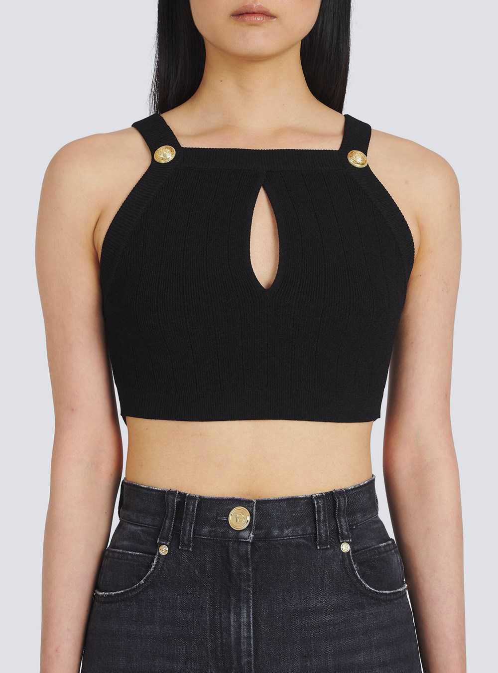 Balmain Eco-designed Knit Crop Top Black | YXPONVS-72