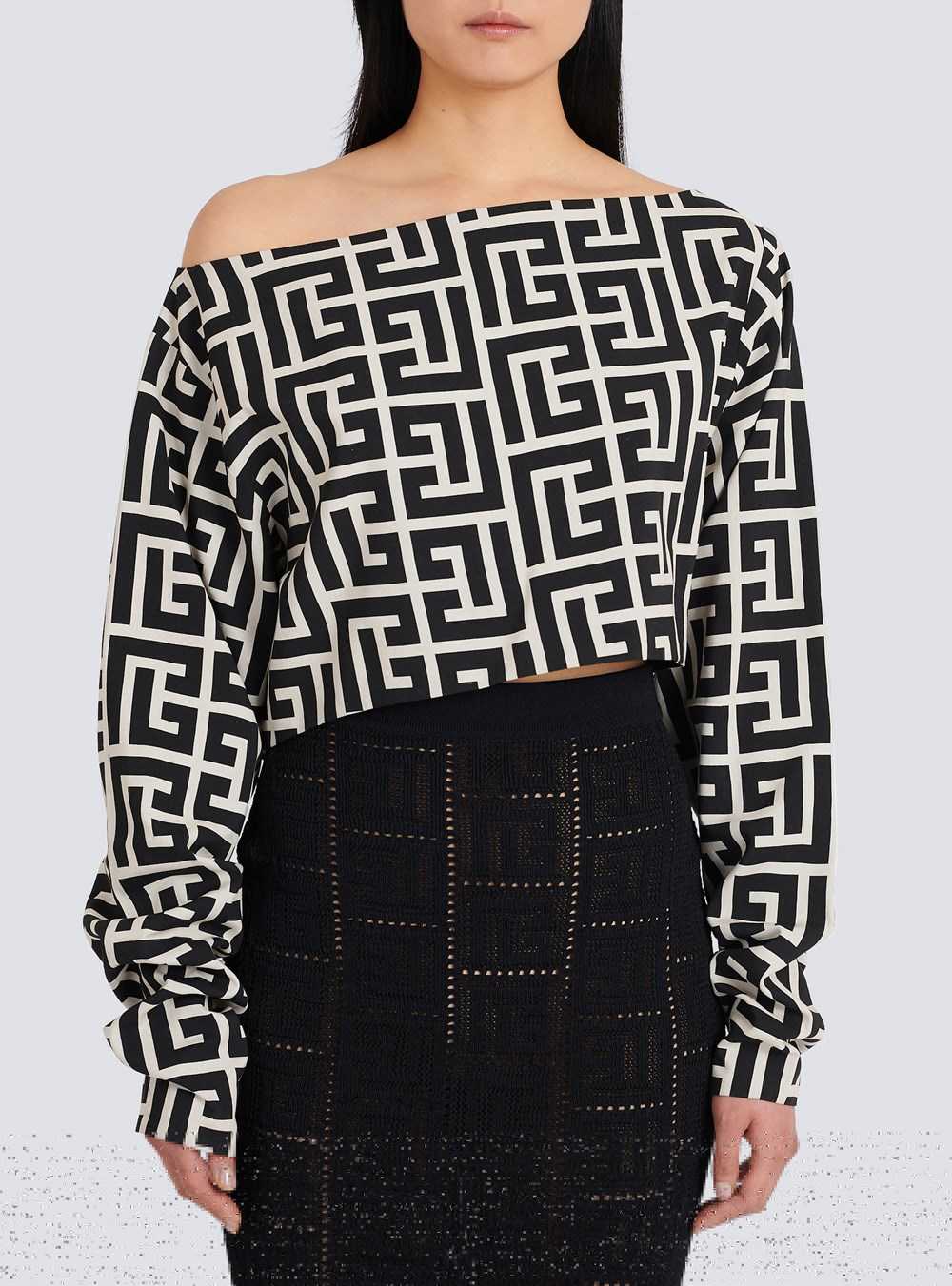 Balmain Eco-designed Off-the-shoulder Crop Top With Balmain Monogram Black | ZNSIURP-53