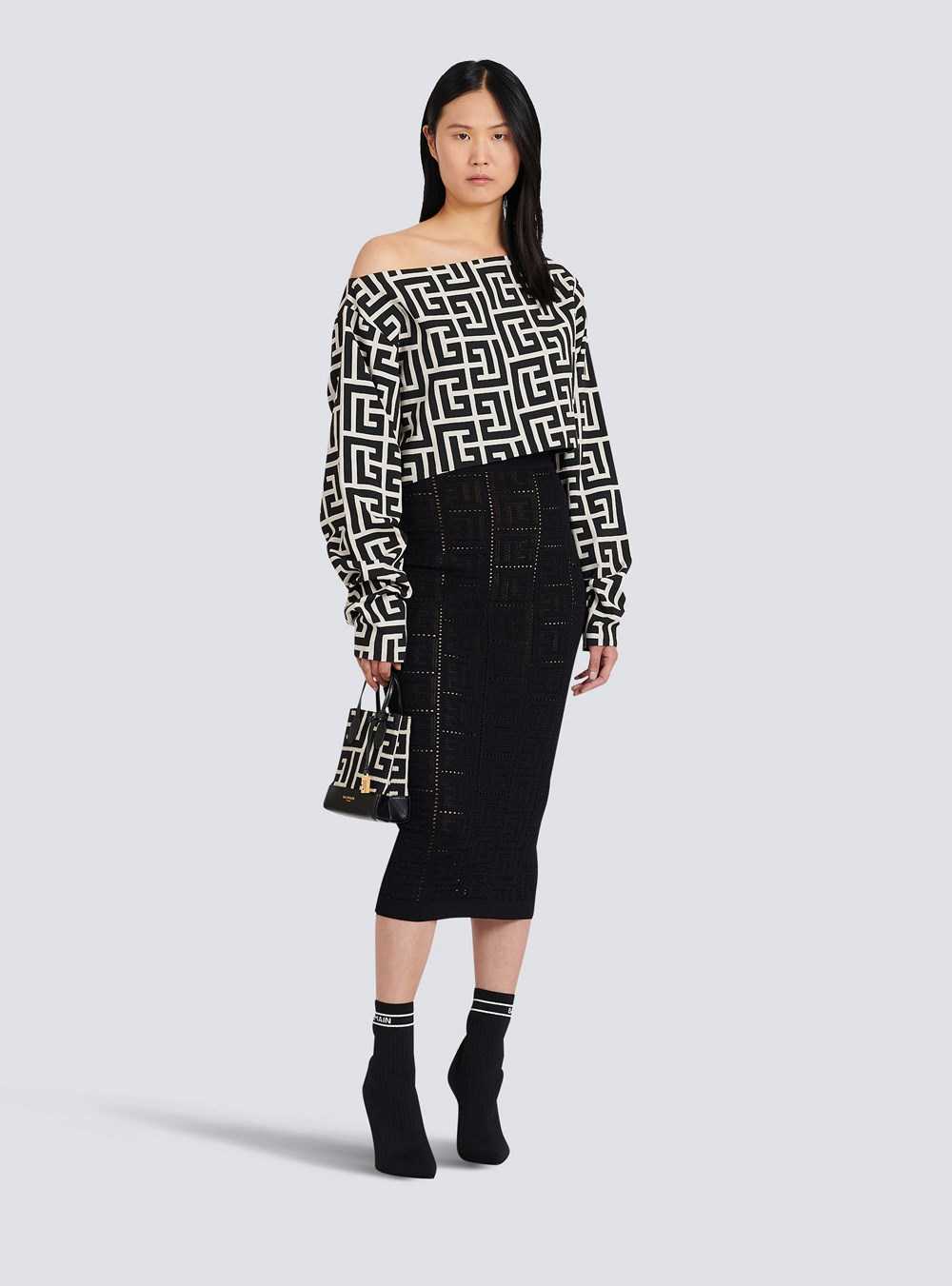 Balmain Eco-designed Off-the-shoulder Crop Top With Balmain Monogram Black | ZNSIURP-53