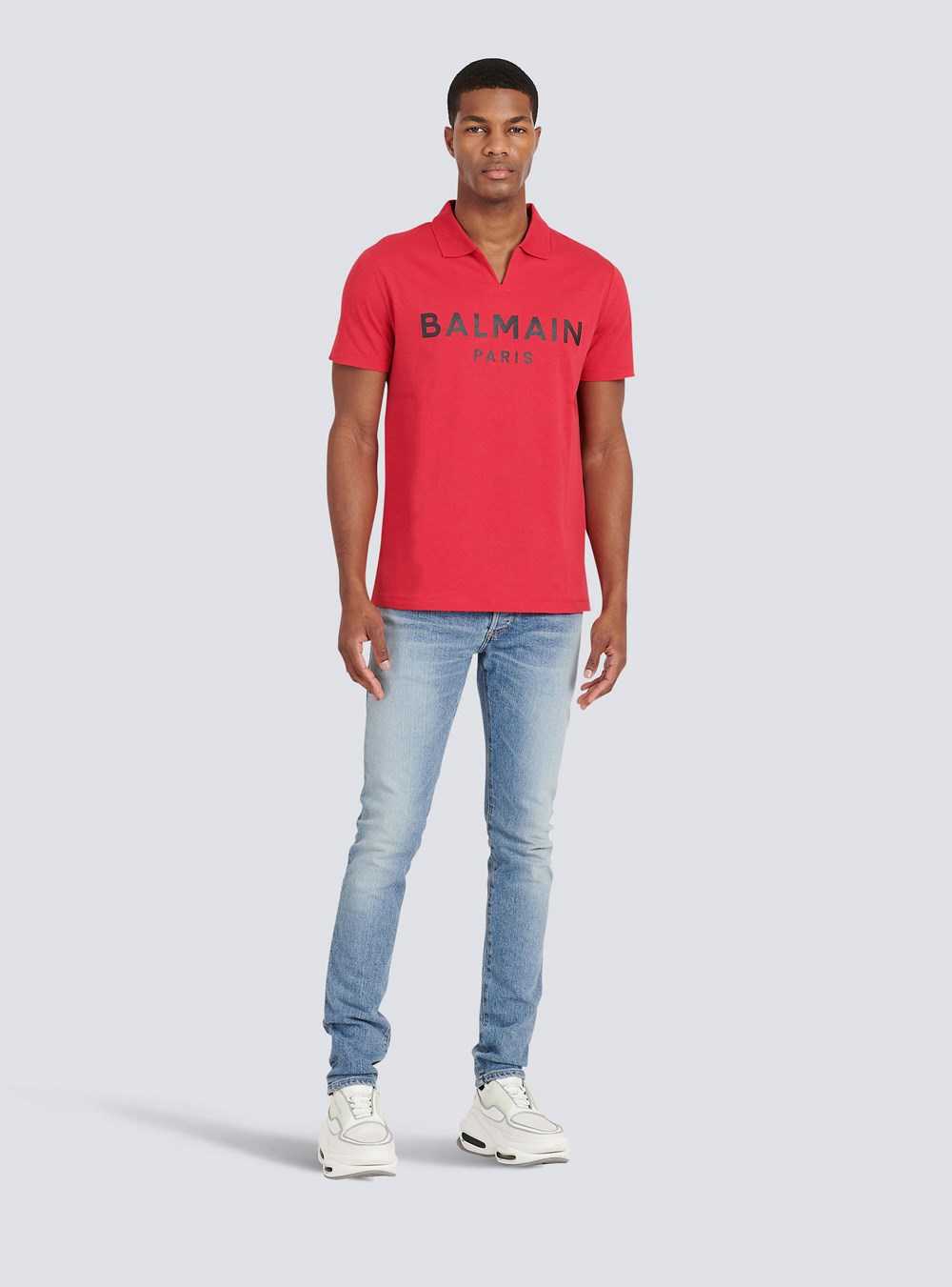 Balmain Eeco-designed Cotton Polo With Black Balmain Logo Print Red | NDPSKBT-24