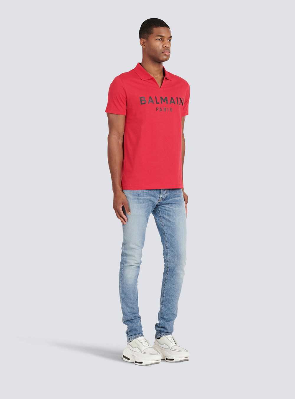 Balmain Eeco-designed Cotton Polo With Black Balmain Logo Print Red | NDPSKBT-24