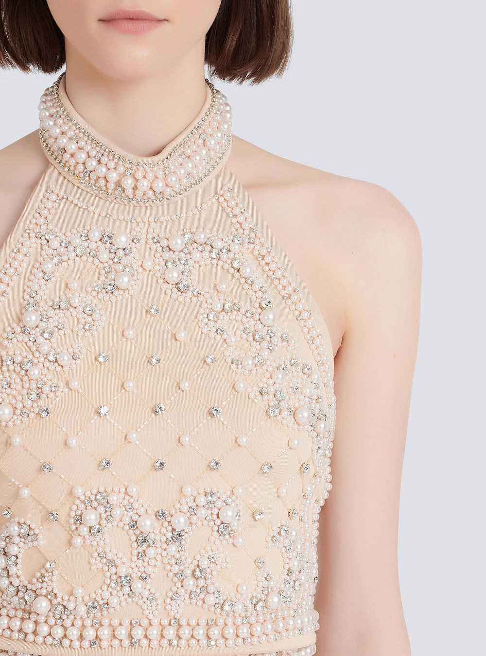 Balmain Embroidered Crop Top Beige | NIGMHYJ-80