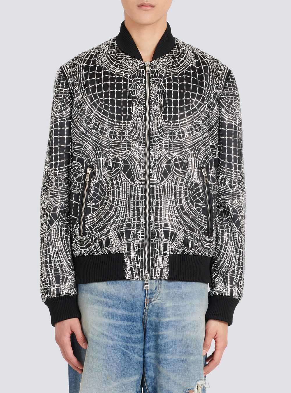 Balmain Embroidered Silk Bomber Jacket Silver | GEDYZWF-04