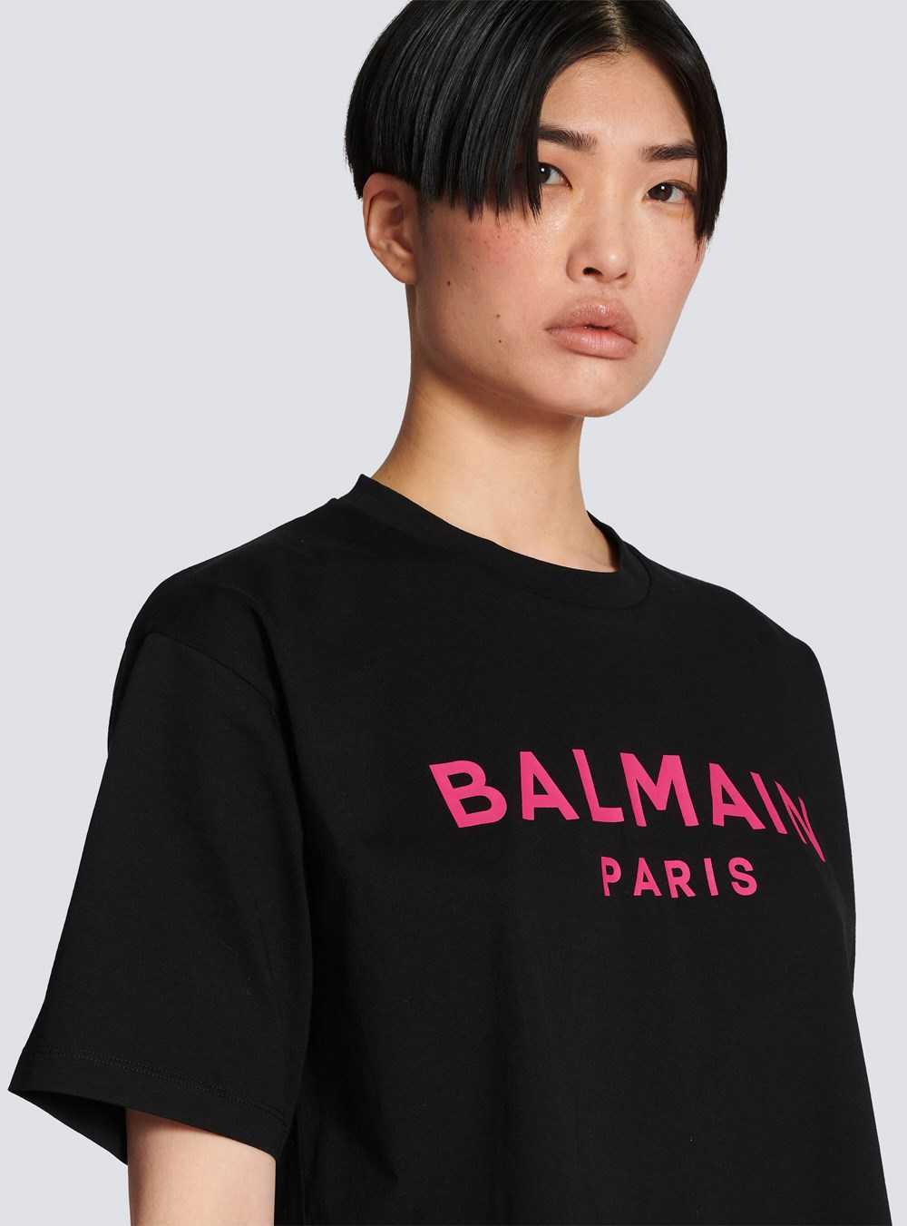 Balmain Exclusive - Cropped Cotton T-shirt With Balmain Logo Print Pink | BEGSFJO-67