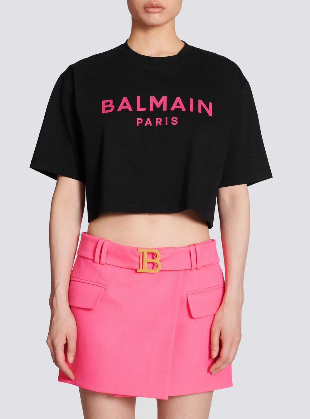 Balmain Exclusive - Cropped Cotton T-shirt With Balmain Logo Print Pink | BEGSFJO-67