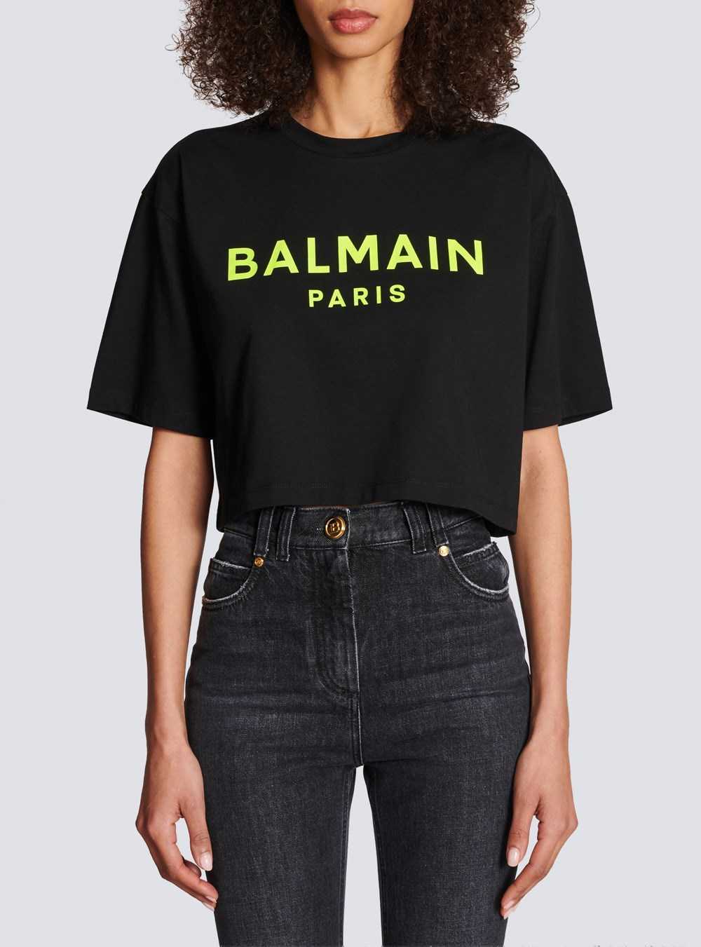 Balmain Exclusive - Cropped Cotton T-shirt With Balmain Logo Print Yellow | MWTBOUS-92