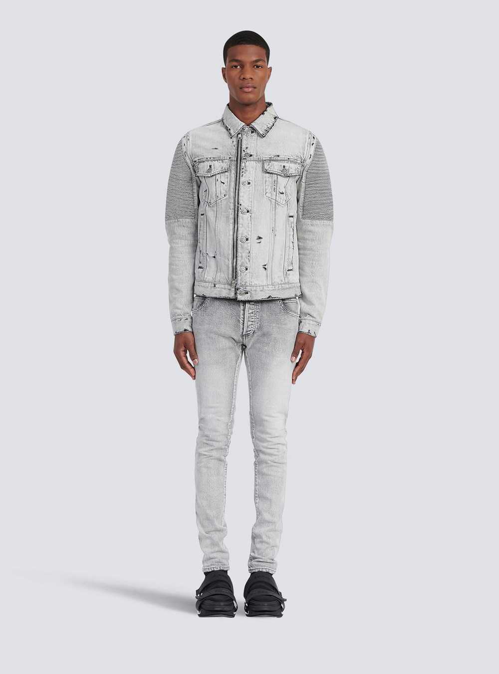 Balmain Faded And Ripped Jean Jacket With Ridged Panels Grey | CXQVOLJ-81