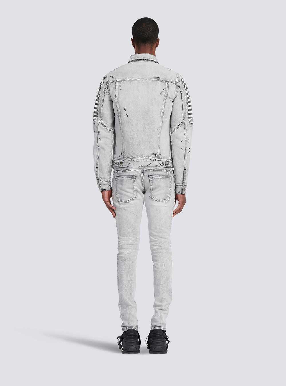 Balmain Faded And Ripped Jean Jacket With Ridged Panels Grey | CXQVOLJ-81