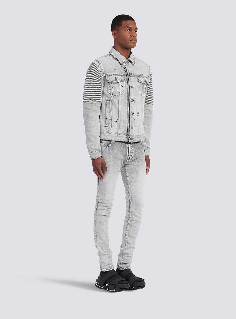 Balmain Faded And Ripped Jean Jacket With Ridged Panels Grey | CXQVOLJ-81