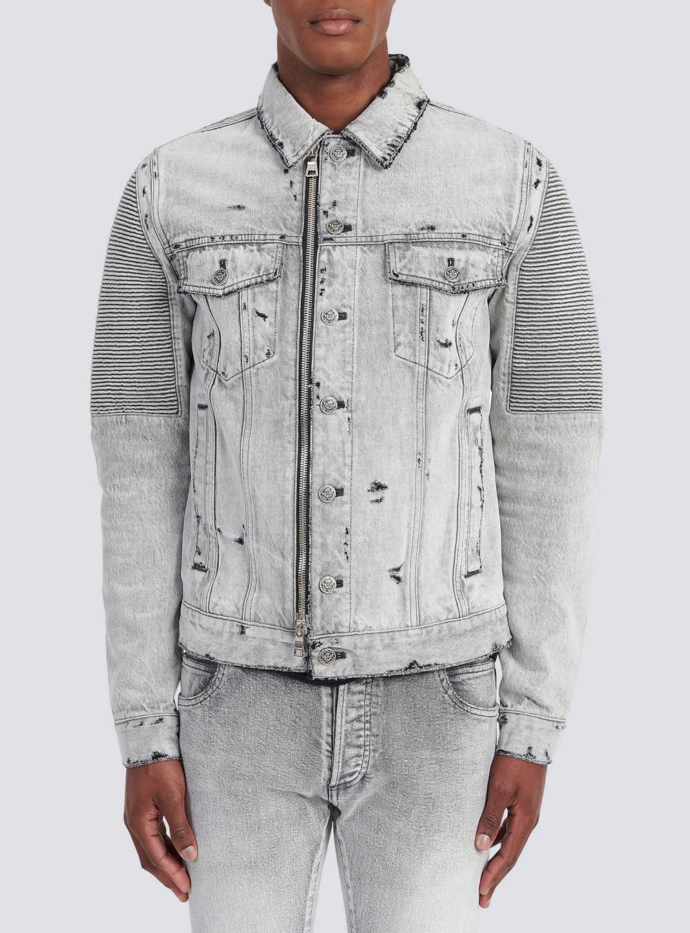 Balmain Faded And Ripped Jean Jacket With Ridged Panels Grey | CXQVOLJ-81