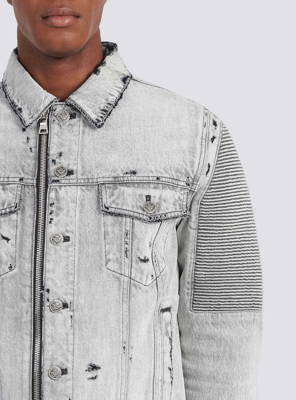 Balmain Faded And Ripped Jean Jacket With Ridged Panels Grey | CXQVOLJ-81