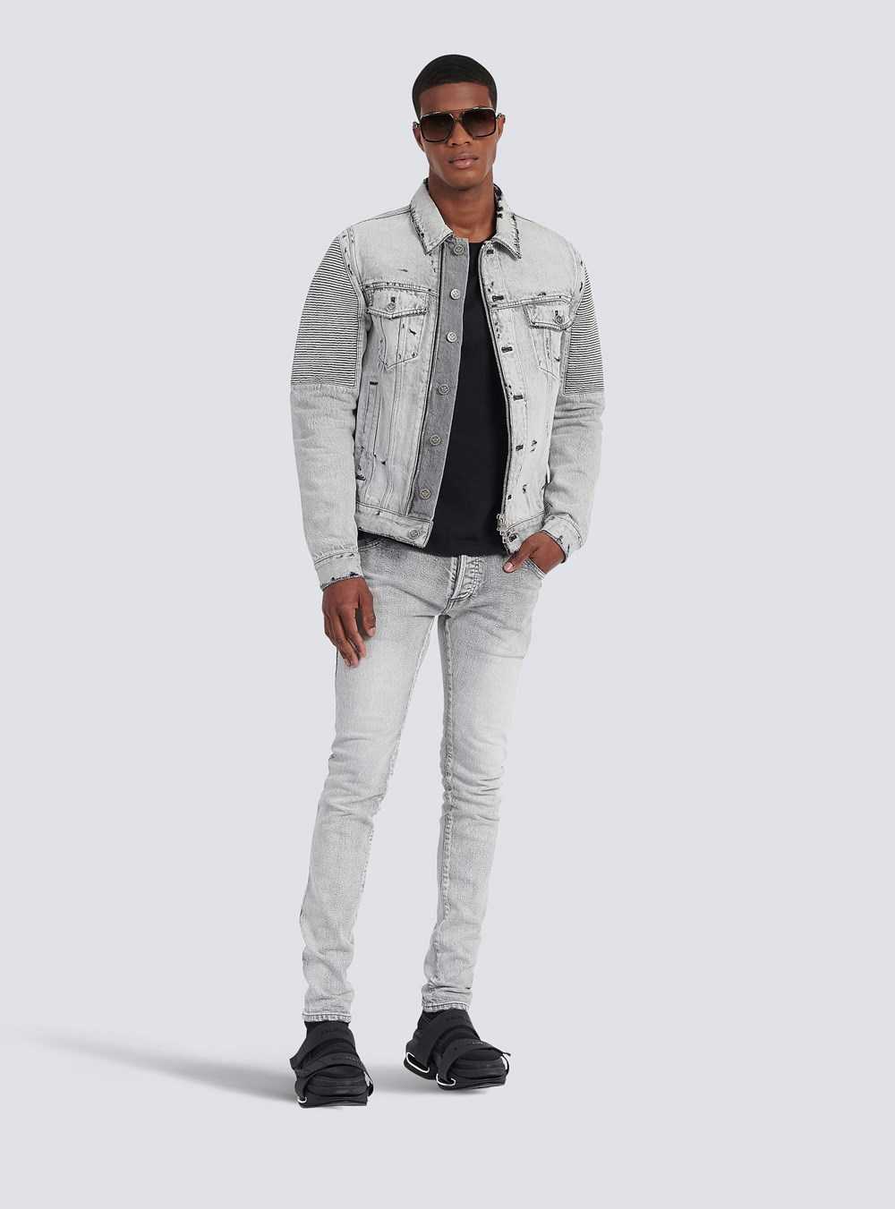 Balmain Faded And Ripped Jean Jacket With Ridged Panels Grey | CXQVOLJ-81