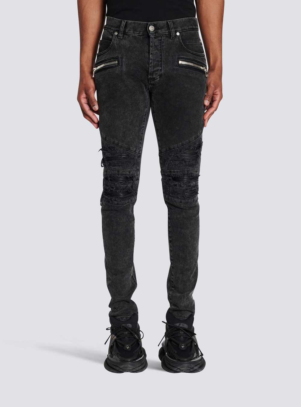 Balmain Faded Faux Leather Slim Jeans Black | SGRFZYK-72