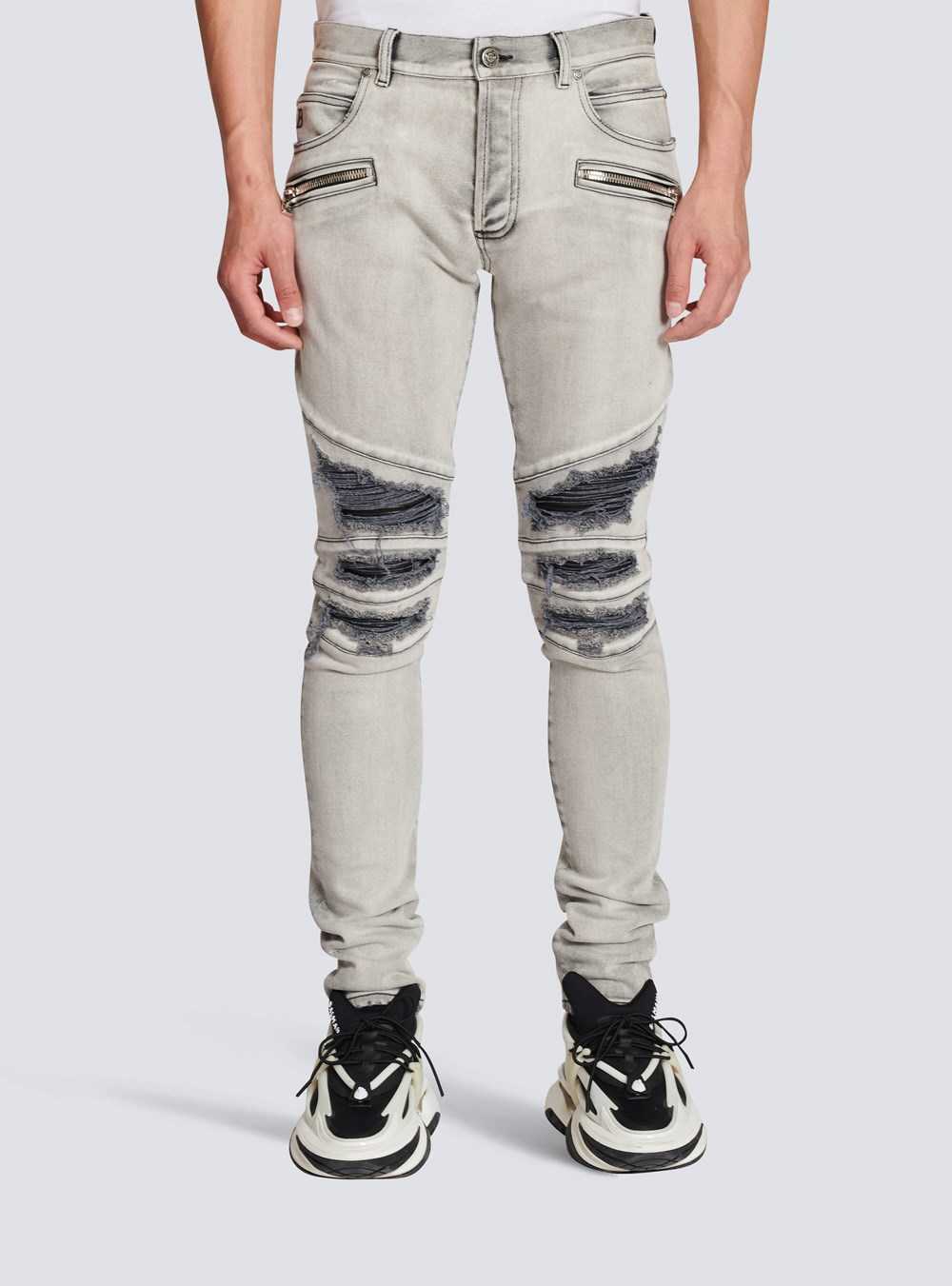 Balmain Faded Faux Leather Slim Jeans Grey | BKYIXFC-65