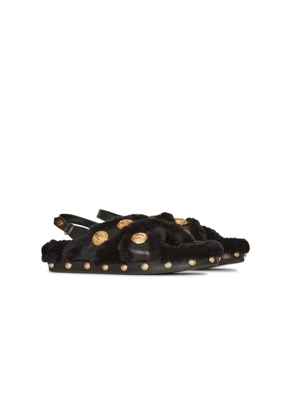 Balmain Faux Fur And Leather Tam Flat Sandals Black | JSCYNKM-60