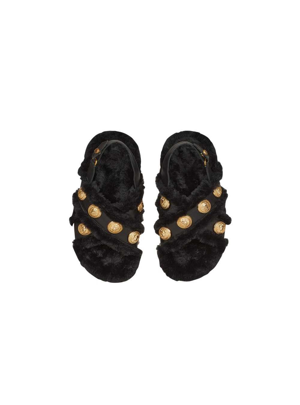 Balmain Faux Fur And Leather Tam Flat Sandals Black | JSCYNKM-60