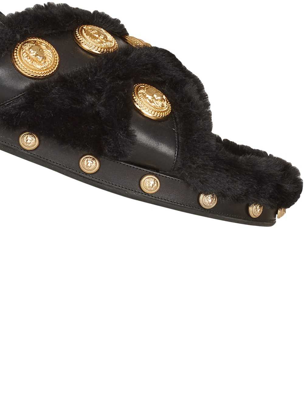 Balmain Faux Fur And Leather Tam Flat Sandals Black | JSCYNKM-60