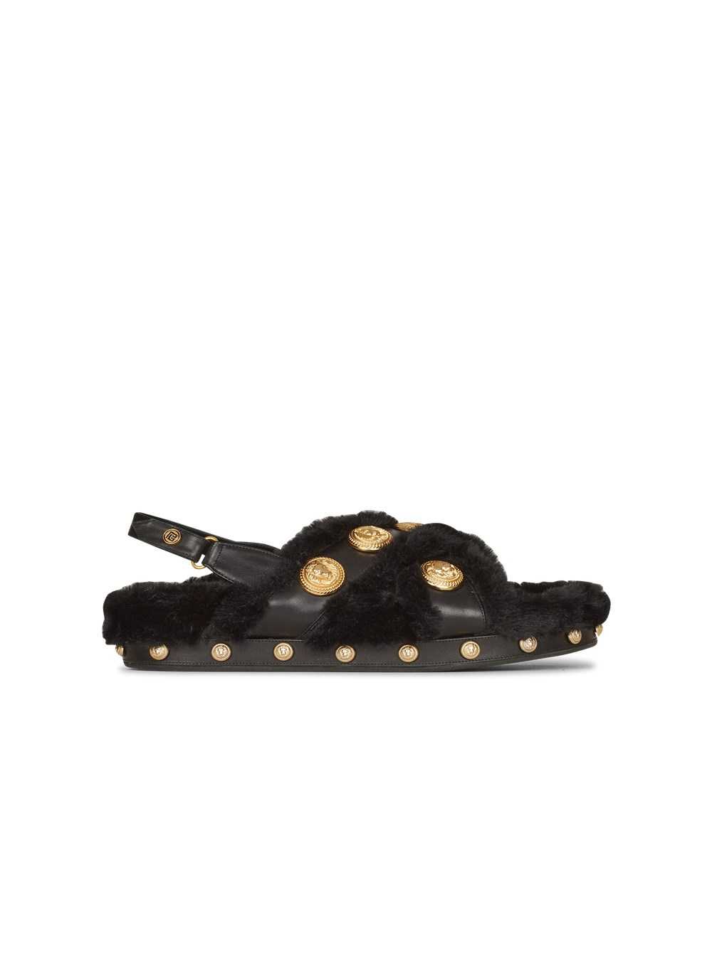 Balmain Faux Fur And Leather Tam Flat Sandals Black | JSCYNKM-60