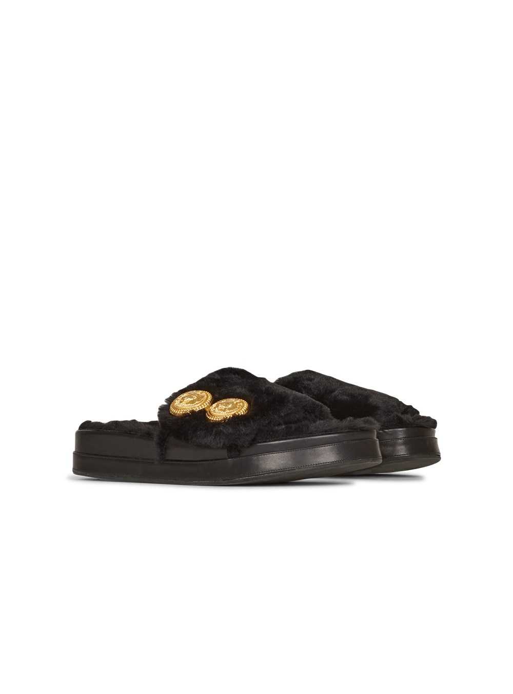 Balmain Faux Fur Tam Flat Mules Black | UKOZCLN-05