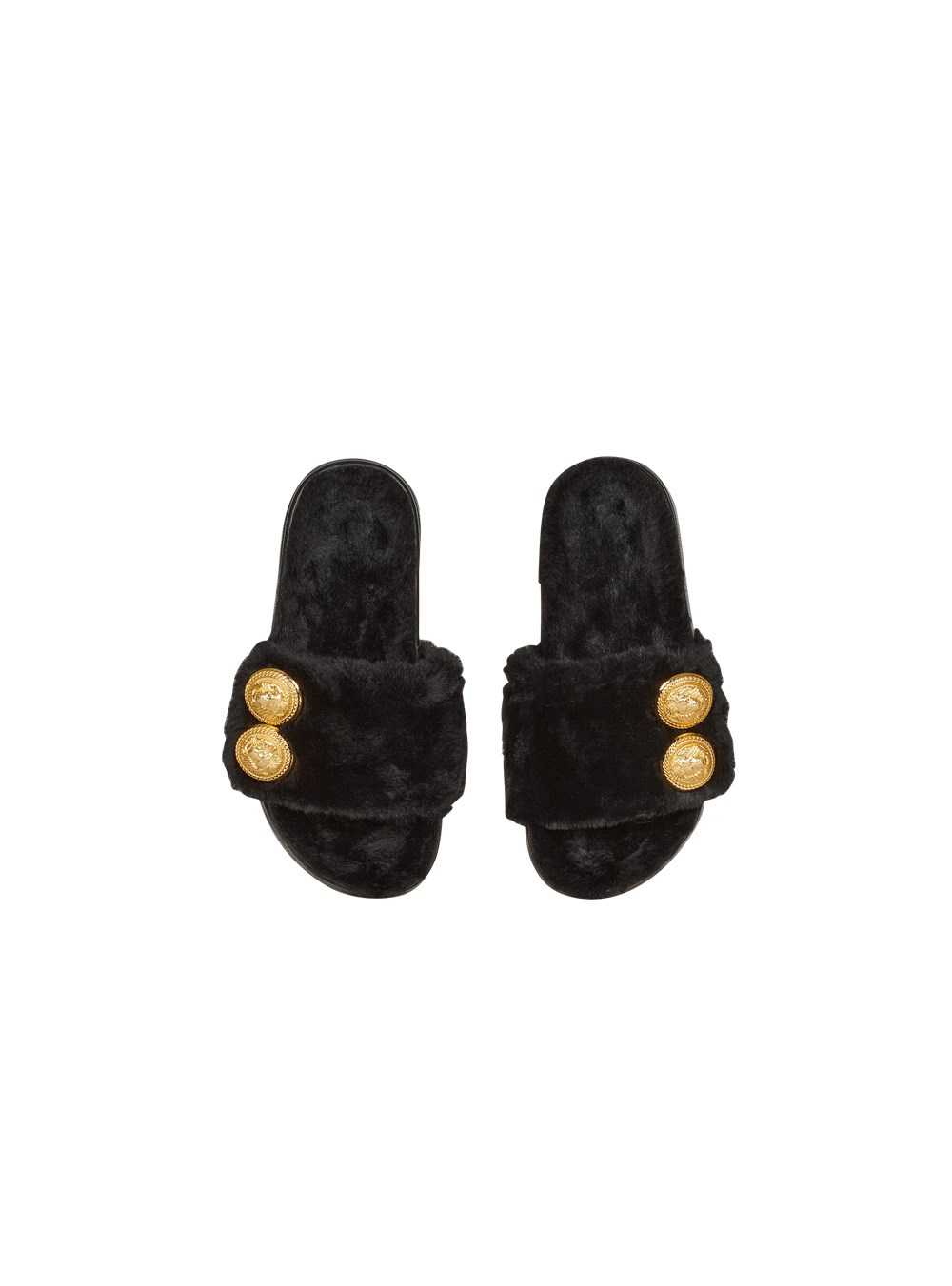 Balmain Faux Fur Tam Flat Mules Black | UKOZCLN-05