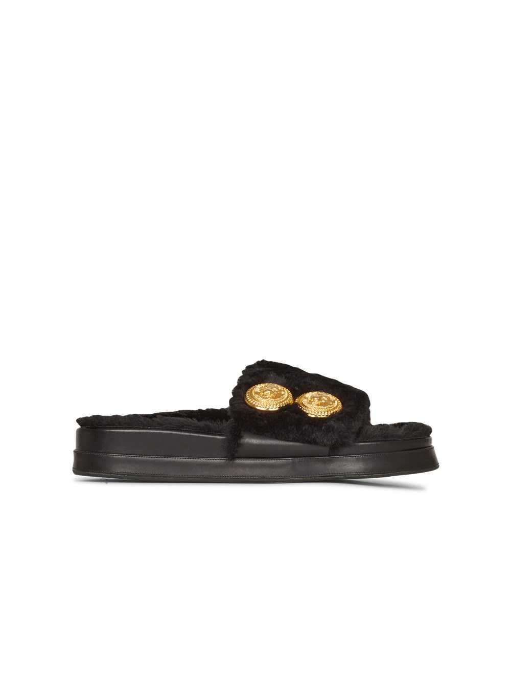 Balmain Faux Fur Tam Flat Mules Black | UKOZCLN-05