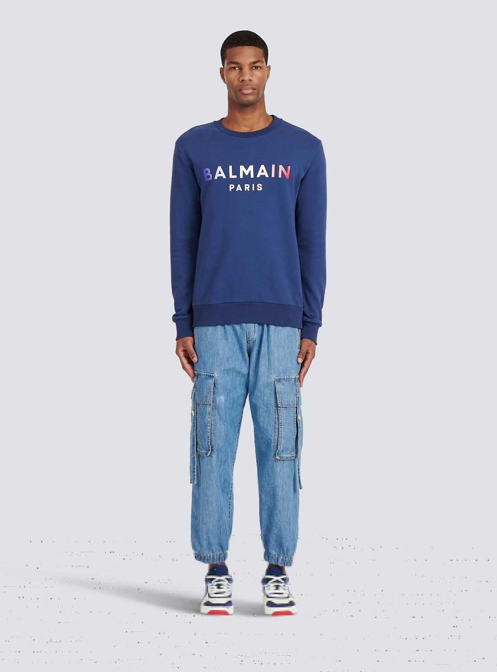 Balmain High Summer Capsule - Cotton Sweatshirt With Balmain Paris Tie-dye Logo Print Navy | CBAUYWE-84