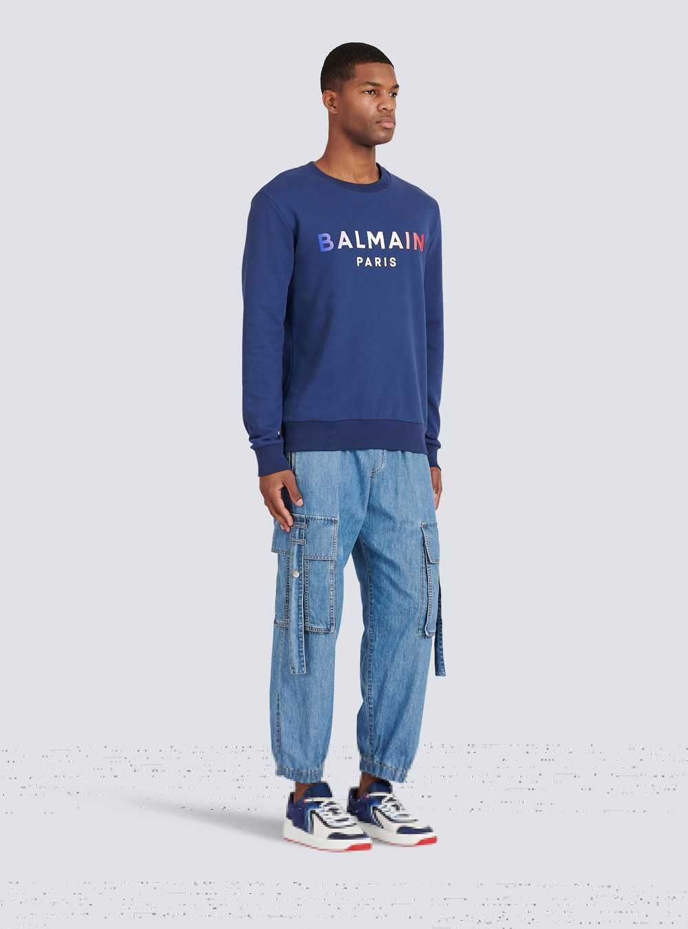 Balmain High Summer Capsule - Cotton Sweatshirt With Balmain Paris Tie-dye Logo Print Navy | CBAUYWE-84