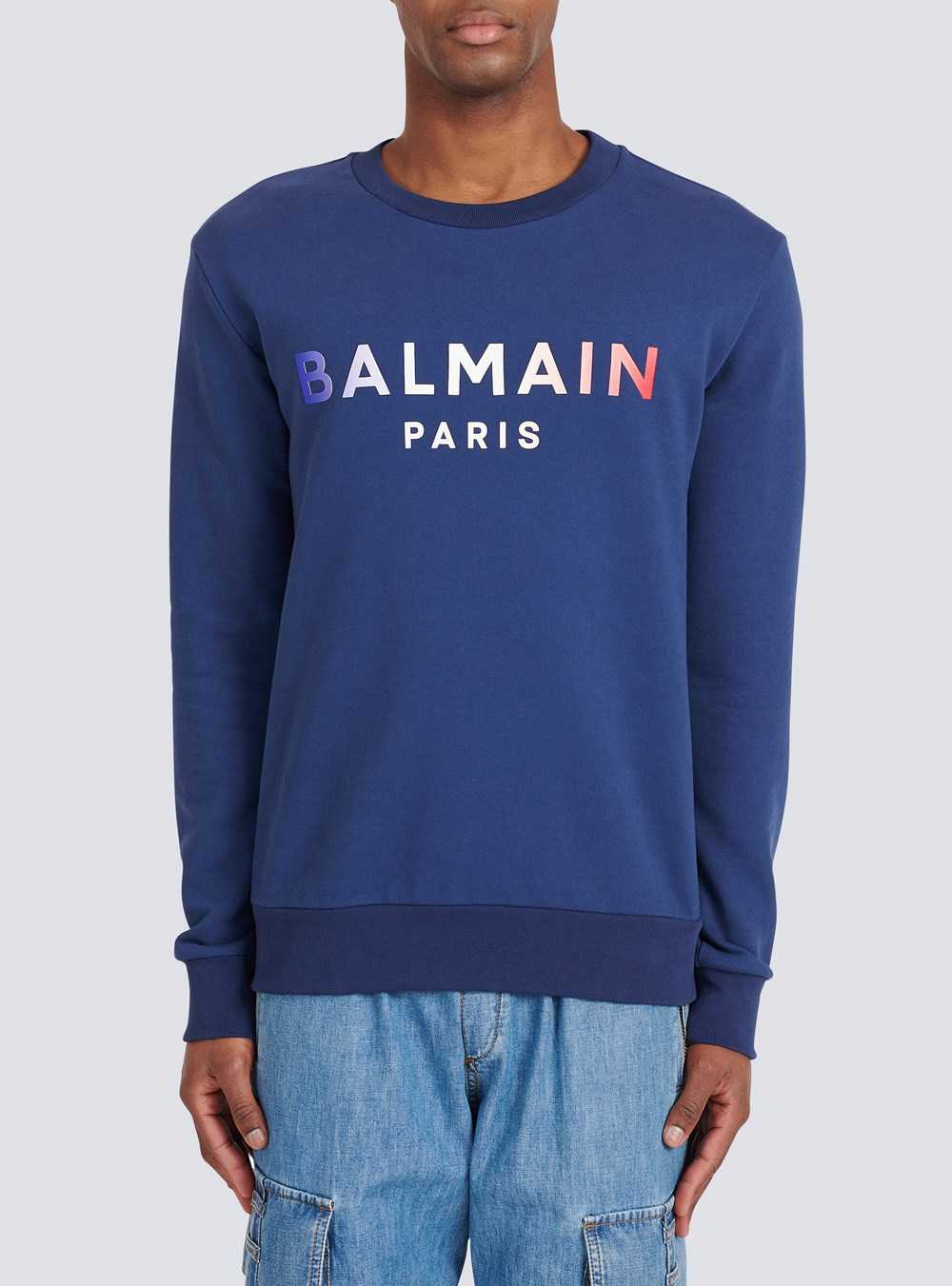 Balmain High Summer Capsule - Cotton Sweatshirt With Balmain Paris Tie-dye Logo Print Navy | CBAUYWE-84