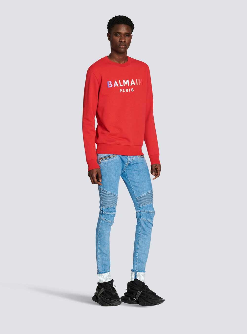 Balmain High Summer Capsule - Cotton Sweatshirt With Balmain Paris Tie-dye Logo Print Red | EWUHKFS-92